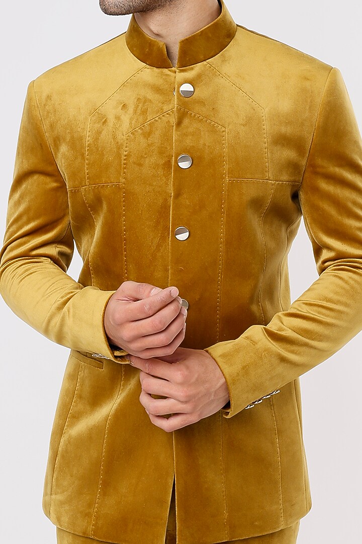 Mustard Suede Velvet Wedding Bandhgala Set by Prima Czar at Pernia's Pop Up Shop