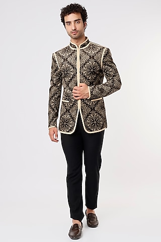 Black Printed Bandhgala Set by Prima Czar