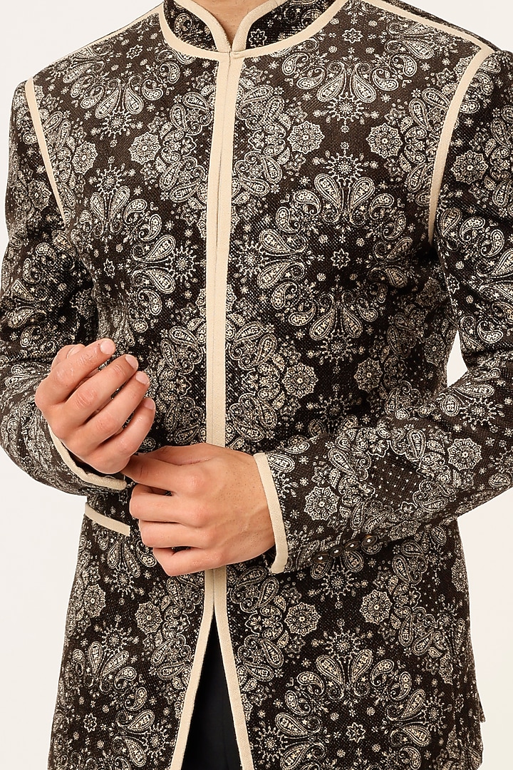 Black Printed Wedding Bandhgala Set by Prima Czar at Pernia's Pop Up Shop