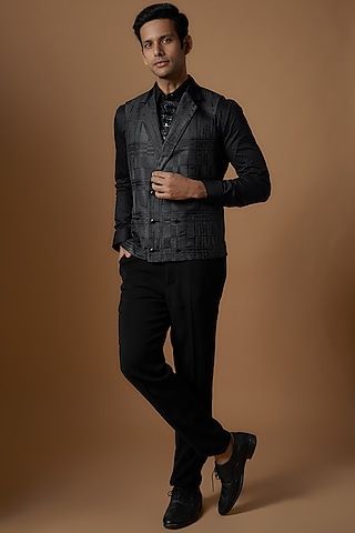 Black Cotton Printed Waistcoat Set by Prima Czar