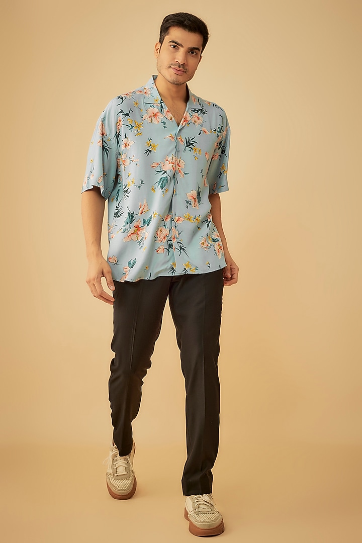 Blue Rayon Printed Oversized Party Wear Shirt by Prima Czar at Pernia's Pop Up Shop
