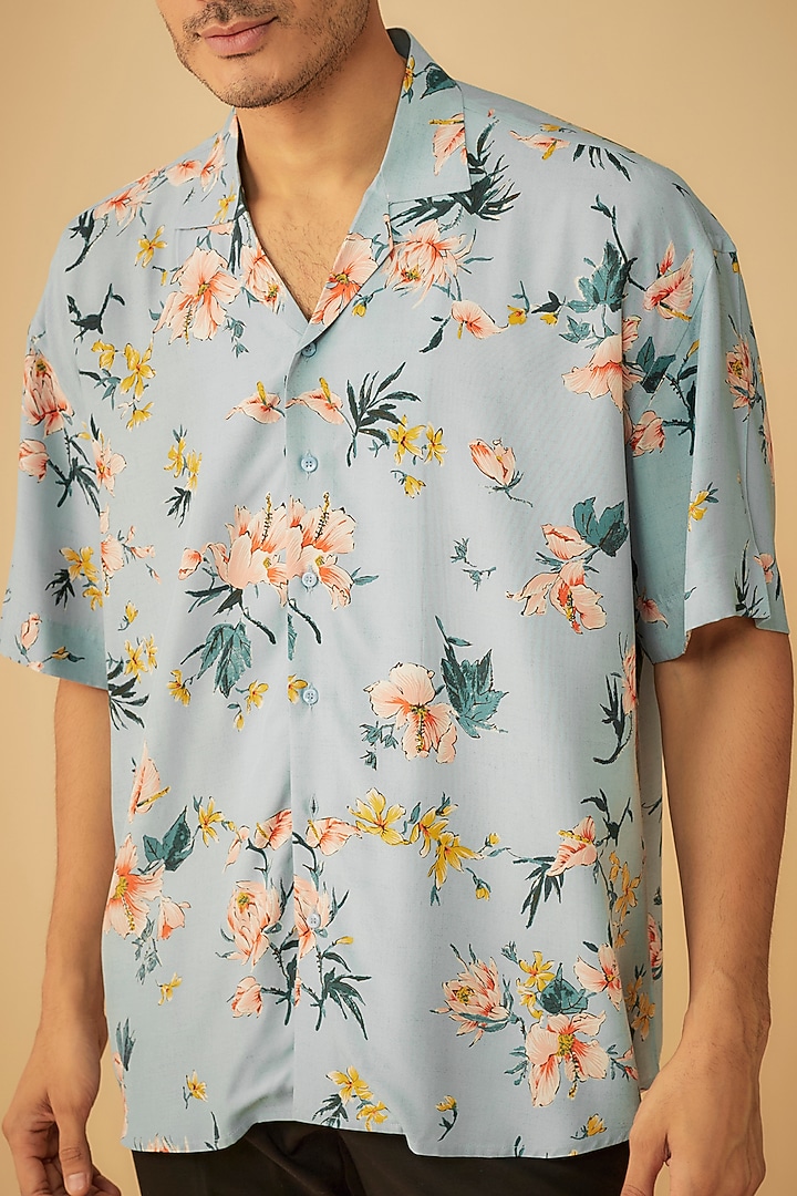 Blue Rayon Printed Oversized Party Wear Shirt by Prima Czar at Pernia's Pop Up Shop