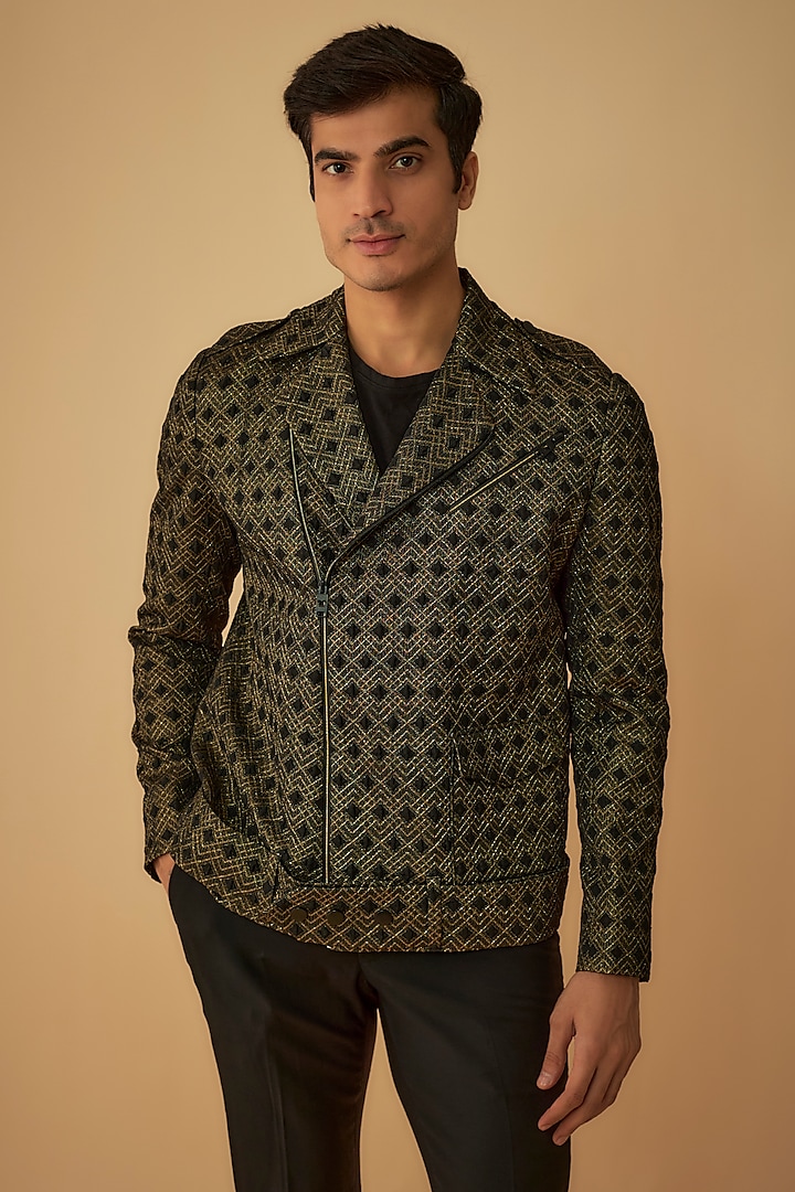 Black Jacquard Bomber Jacket by Prima Czar