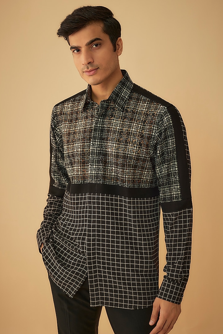 Black Net & Polyester Satin Shirt by Prima Czar