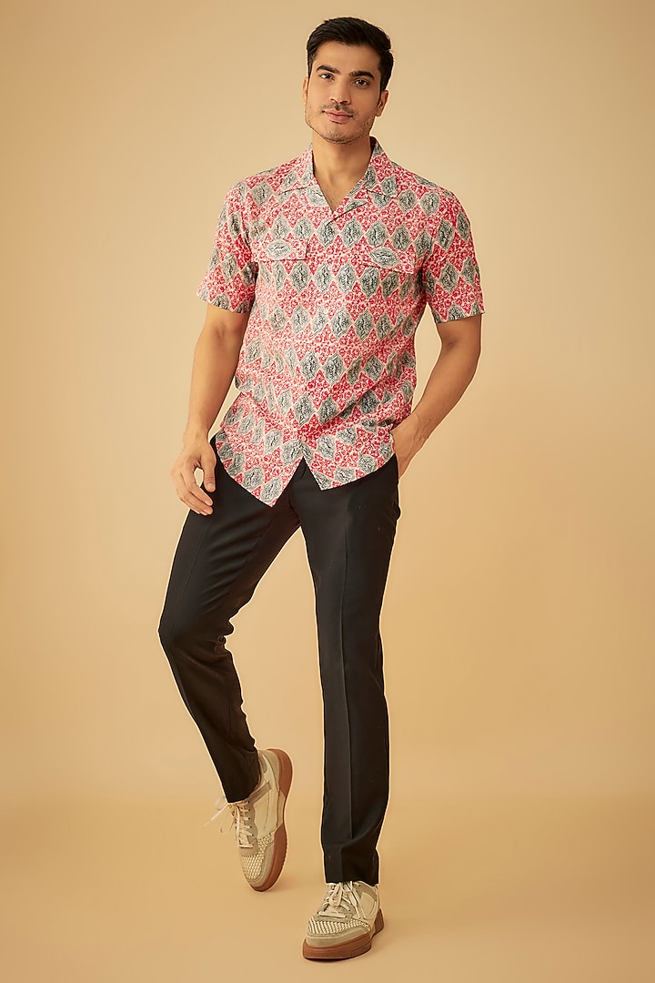 Red Seersucker Printed Party Wear Shirt by Prima Czar at Pernia's Pop Up Shop