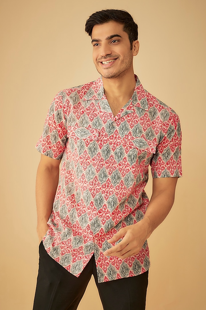 Red Seersucker Printed Shirt by Prima Czar