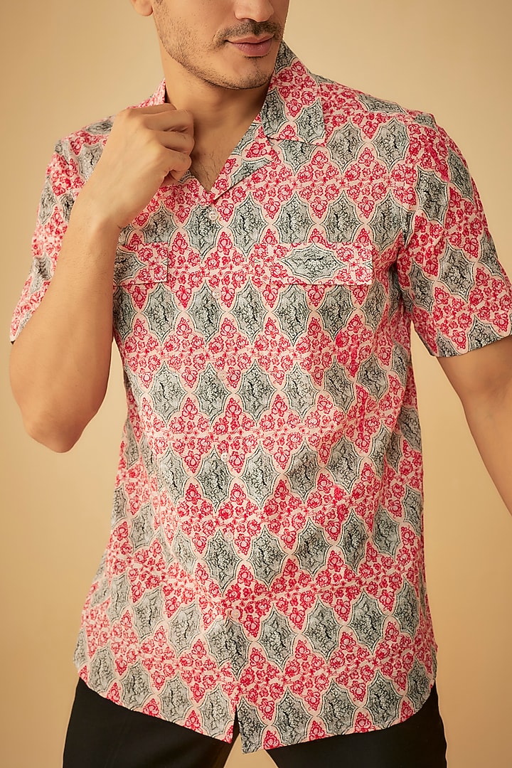 Red Seersucker Printed Party Wear Shirt by Prima Czar at Pernia's Pop Up Shop
