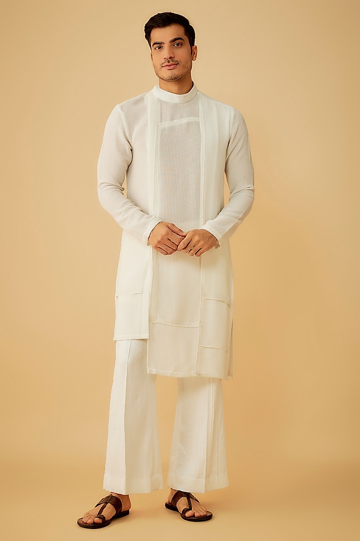 White Seersucker Layered Kurta Set by Prima Czar