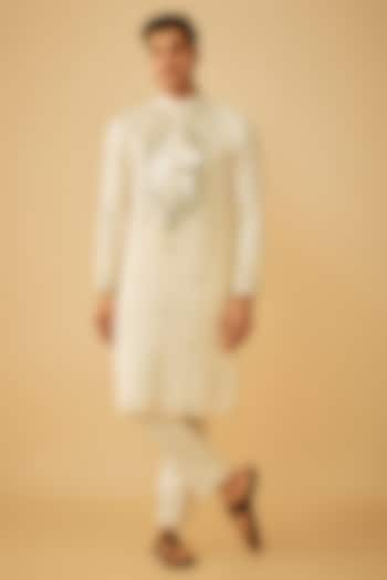 Ivory Cotton Mirror Embroidered Kurta by Prima Czar