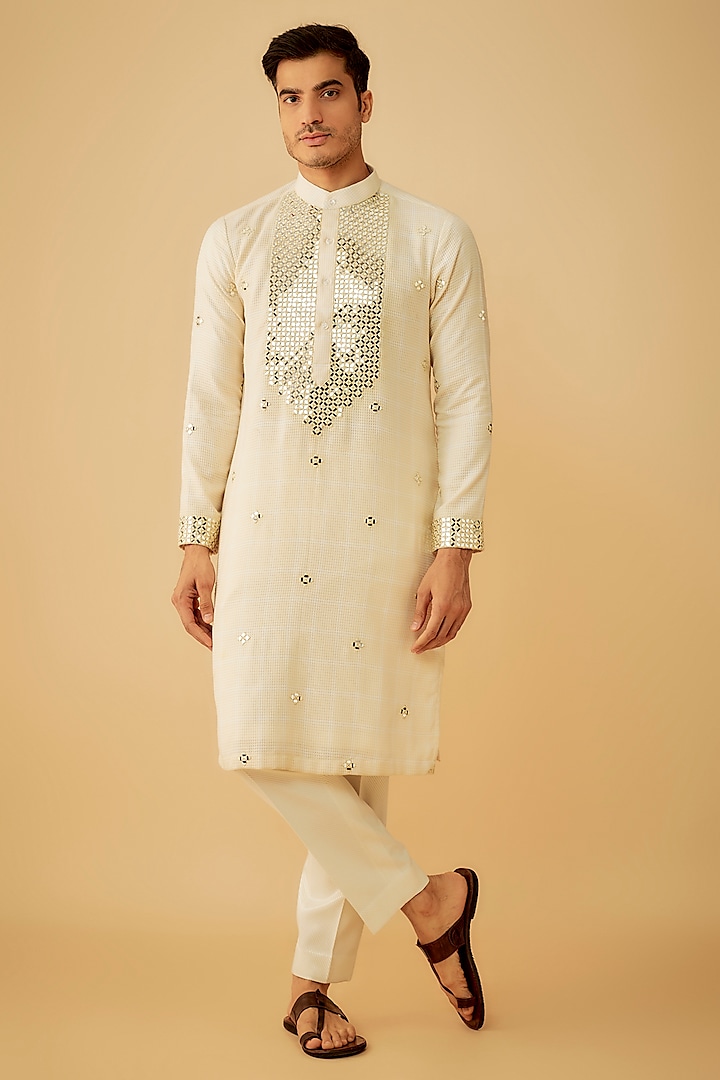 Ivory Cotton Mirror Embroidered Kurta by Prima Czar