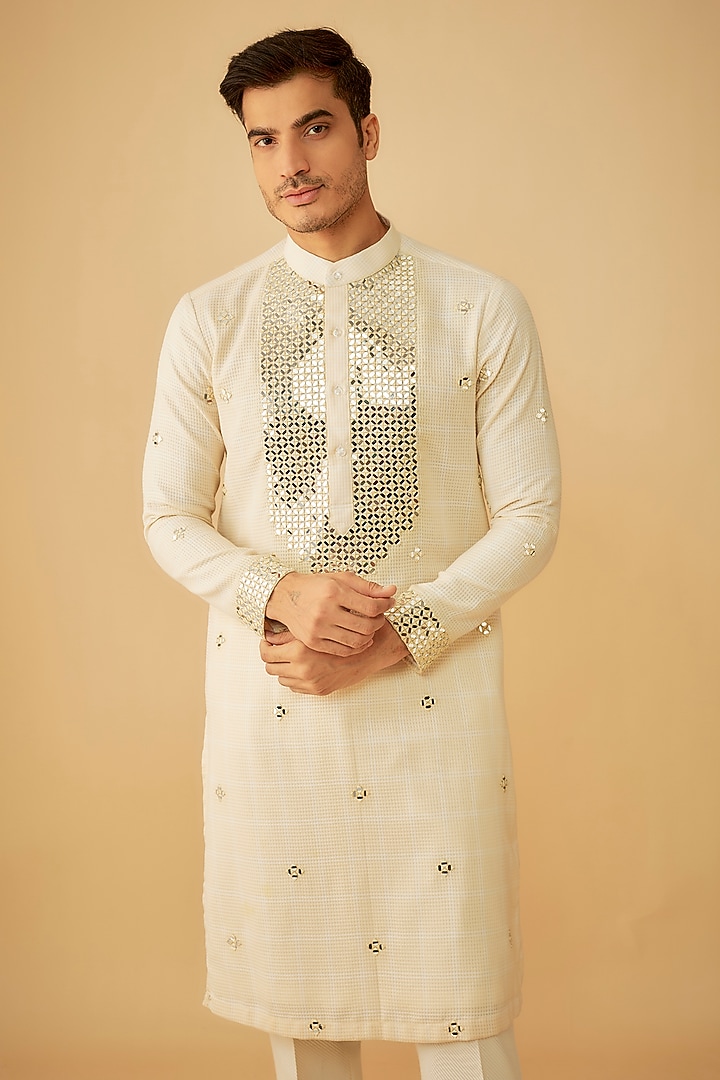 Ivory Cotton Mirror Embroidered Kurta by Prima Czar at Pernia's Pop Up Shop
