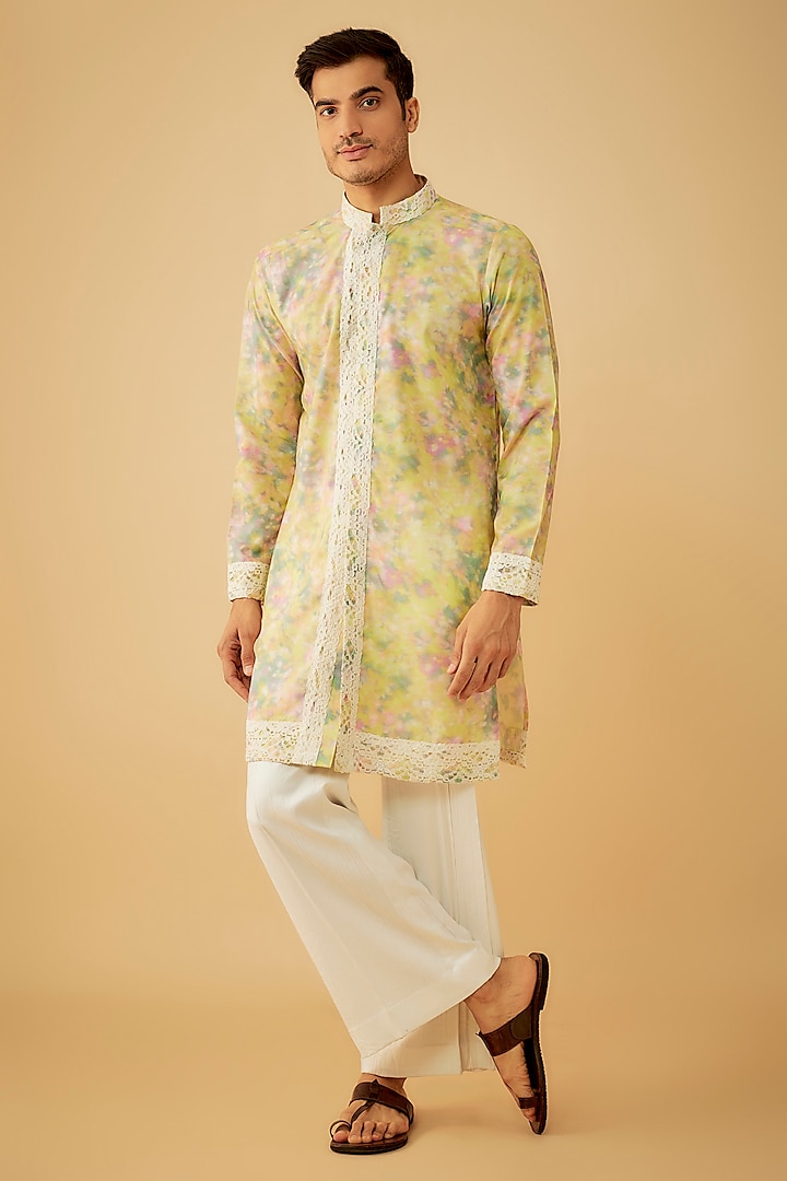 Yellow Cotton Lace Embroidered Kurta Set by Prima Czar