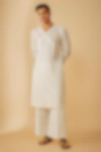 White Polyester Angrakha Kurta Set by Prima Czar