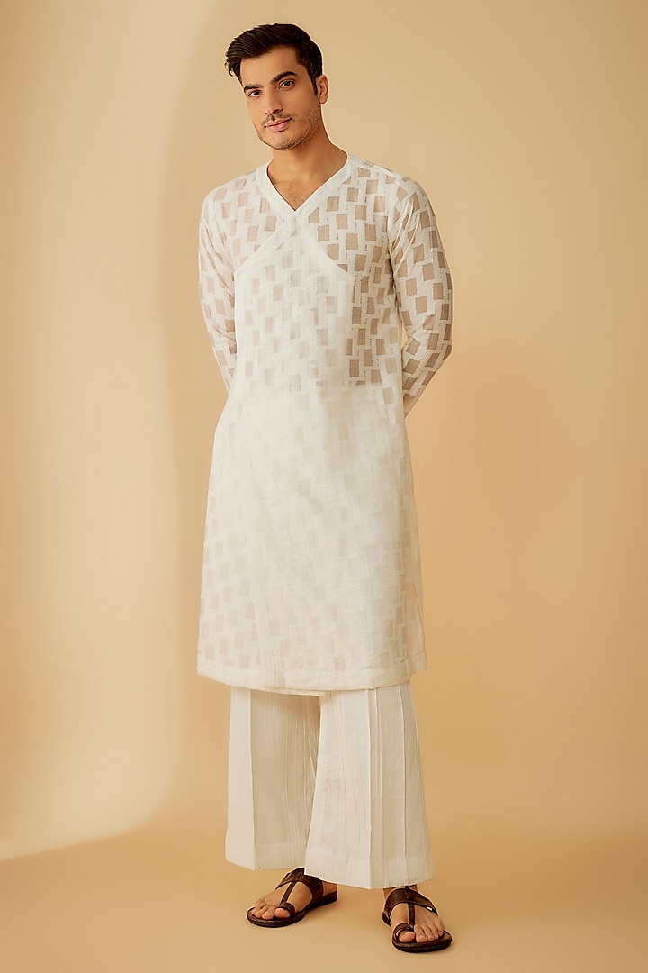 White Polyester Angrakha Kurta Set by Prima Czar