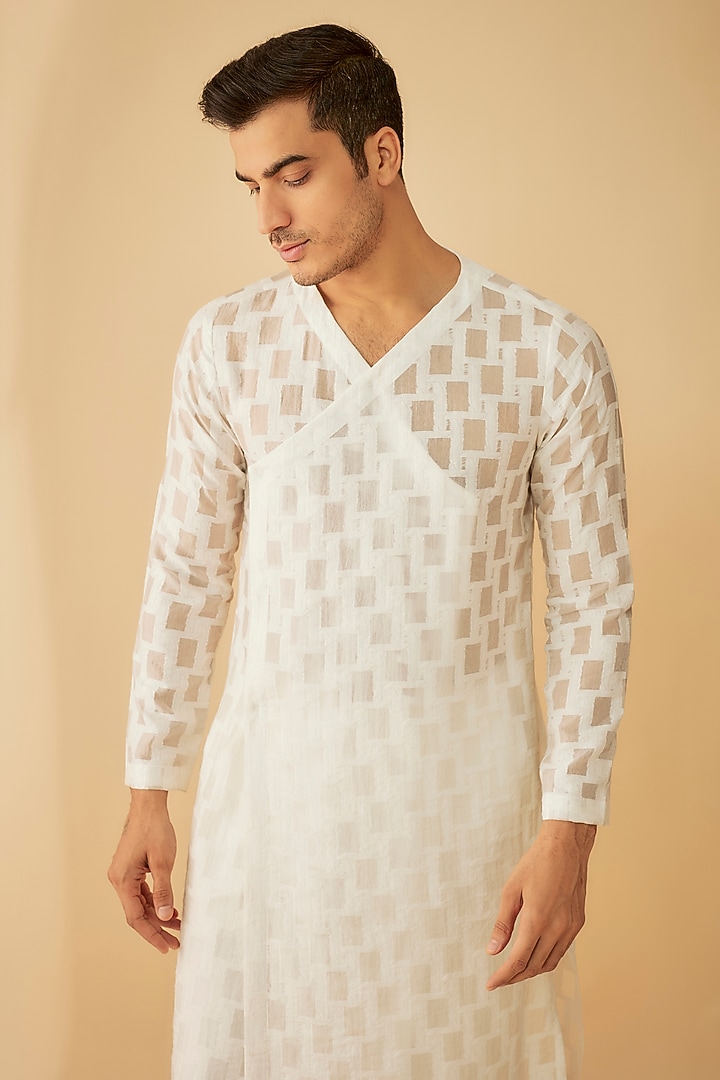 White Polyester Angrakha Kurta Set by Prima Czar at Pernia's Pop Up Shop