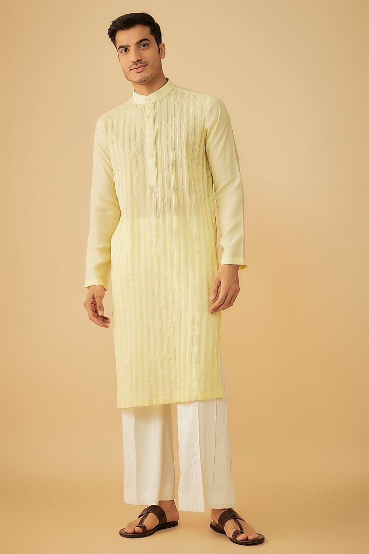 Yellow Cotton Pintucks Kurta by Prima Czar