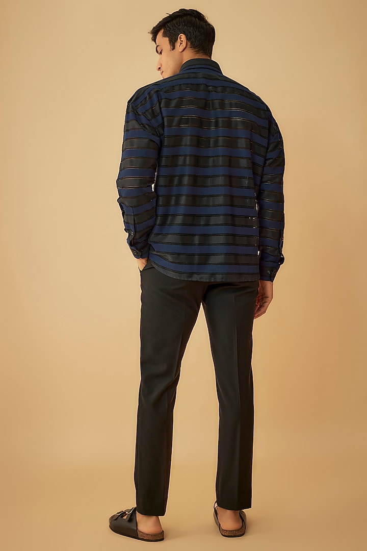 Blue Net Striped Party Wear Shirt by Prima Czar at Pernia's Pop Up Shop