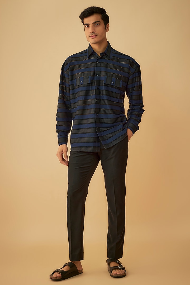 Blue Net Striped Party Wear Shirt by Prima Czar at Pernia's Pop Up Shop