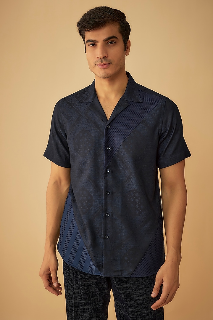 Blue Cotton Patchwork Shirt by Prima Czar