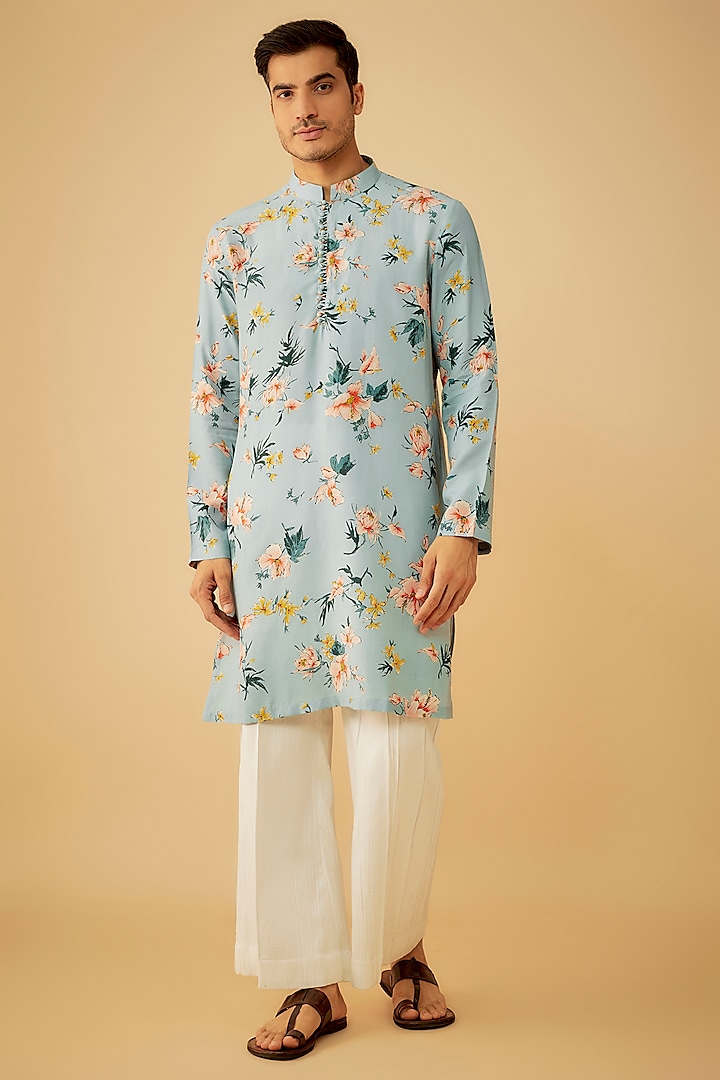 Blue Rayon Printed Kurta Set by Prima Czar