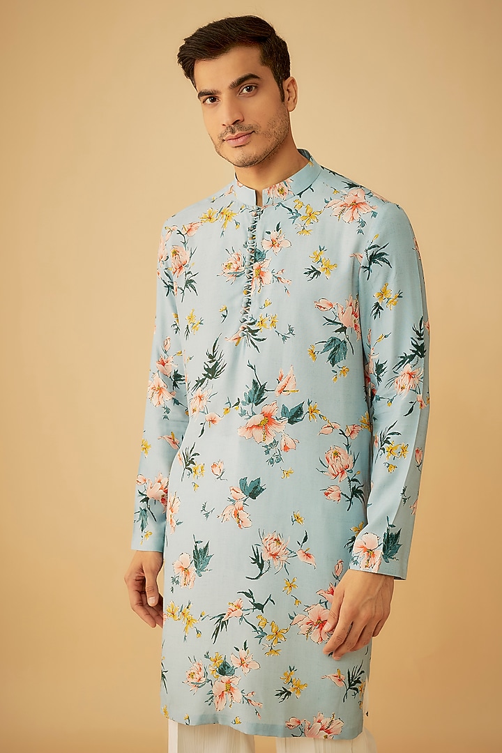 Blue Rayon Printed Kurta Set by Prima Czar at Pernia's Pop Up Shop