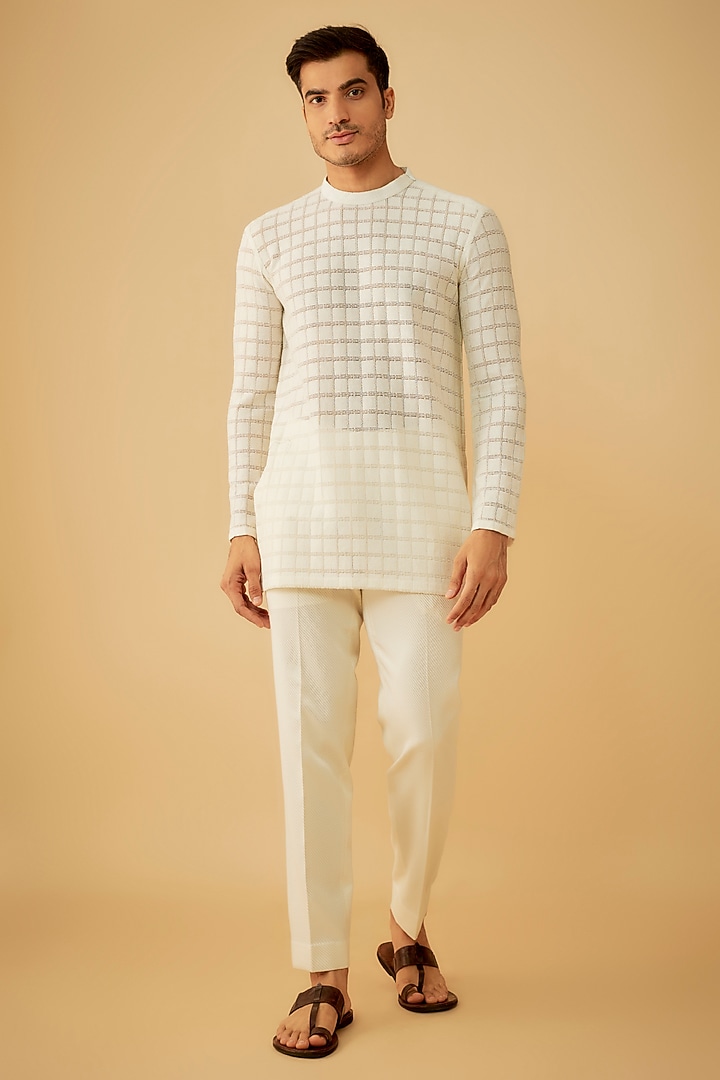 Off-White Net Short Kurta by Prima Czar at Pernia's Pop Up Shop