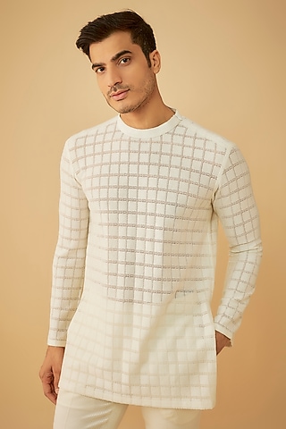 Off-White Net Short Kurta by Prima Czar