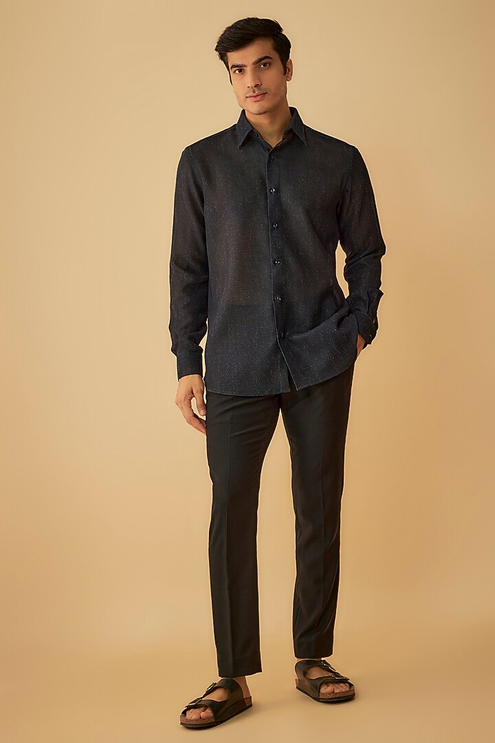 Blue Net Party Wear Shirt by Prima Czar at Pernia's Pop Up Shop