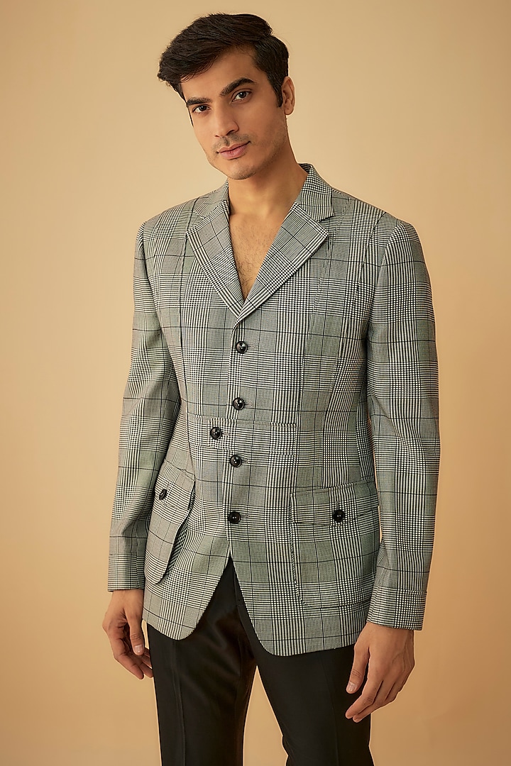 Grey Poly Wool Checkered Jacket by Prima Czar