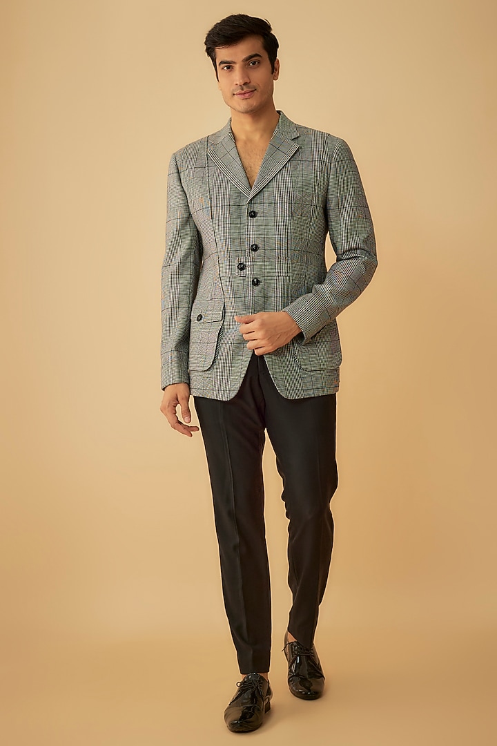 Grey Poly Wool Checkered Jacket by Prima Czar at Pernia's Pop Up Shop