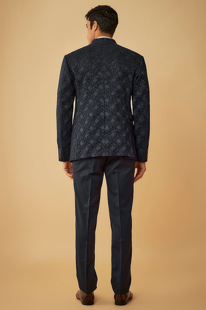 Blue Jacquard Wedding Bandhgala Set by Prima Czar at Pernia's Pop Up Shop