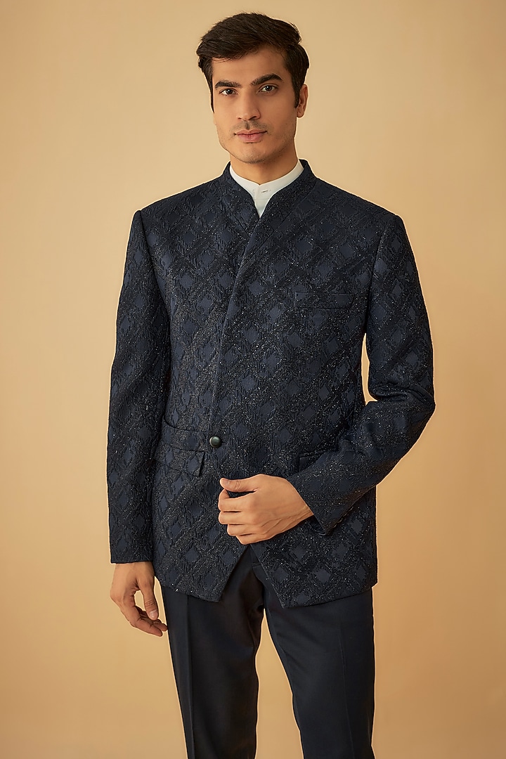 Blue Jacquard Wedding Bandhgala Set by Prima Czar at Pernia's Pop Up Shop