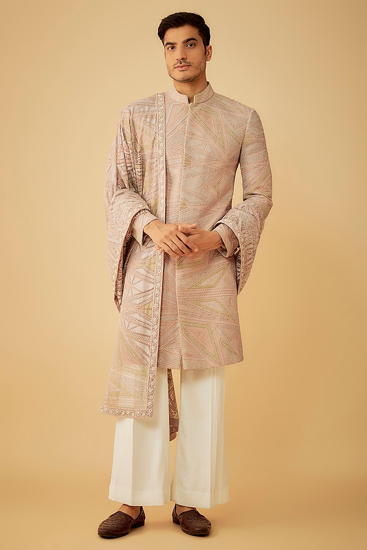 Pink Net Hand Embroidered Sherwani Set by Prima Czar