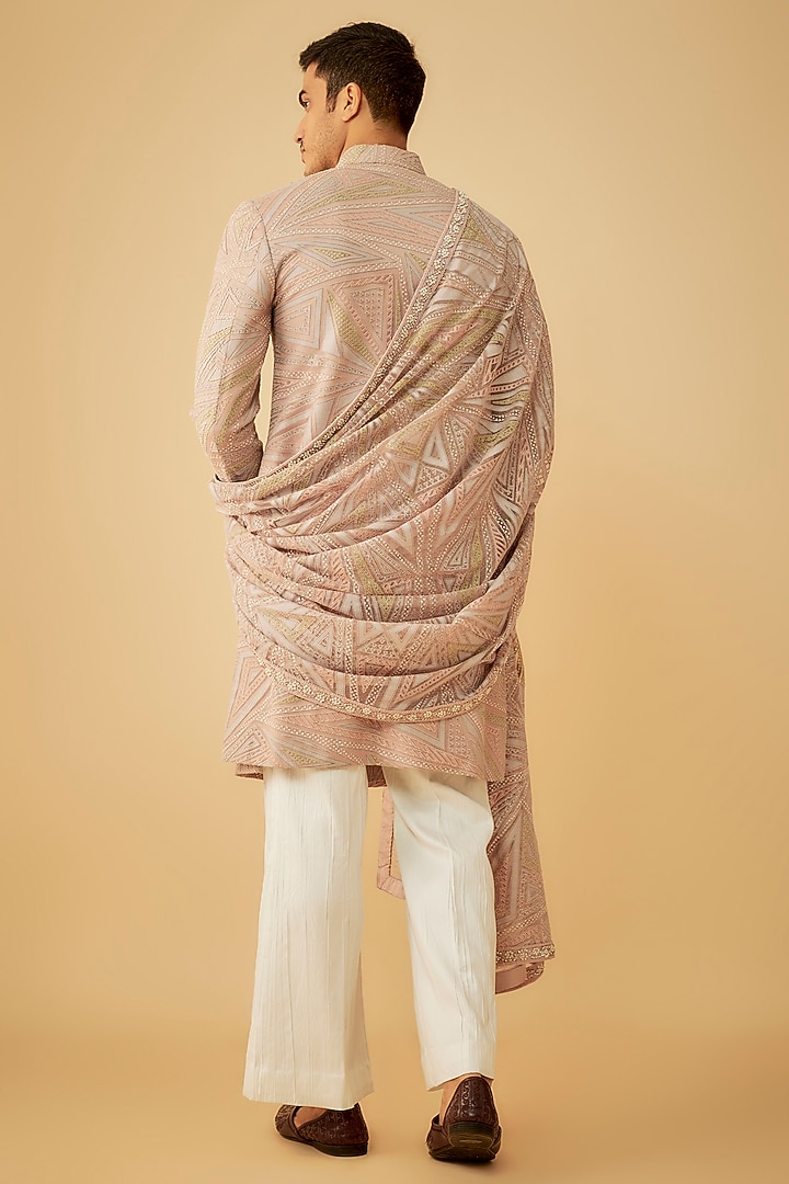 Pink Net Hand Embroidered Groom Sherwani Set by Prima Czar at Pernia's Pop Up Shop