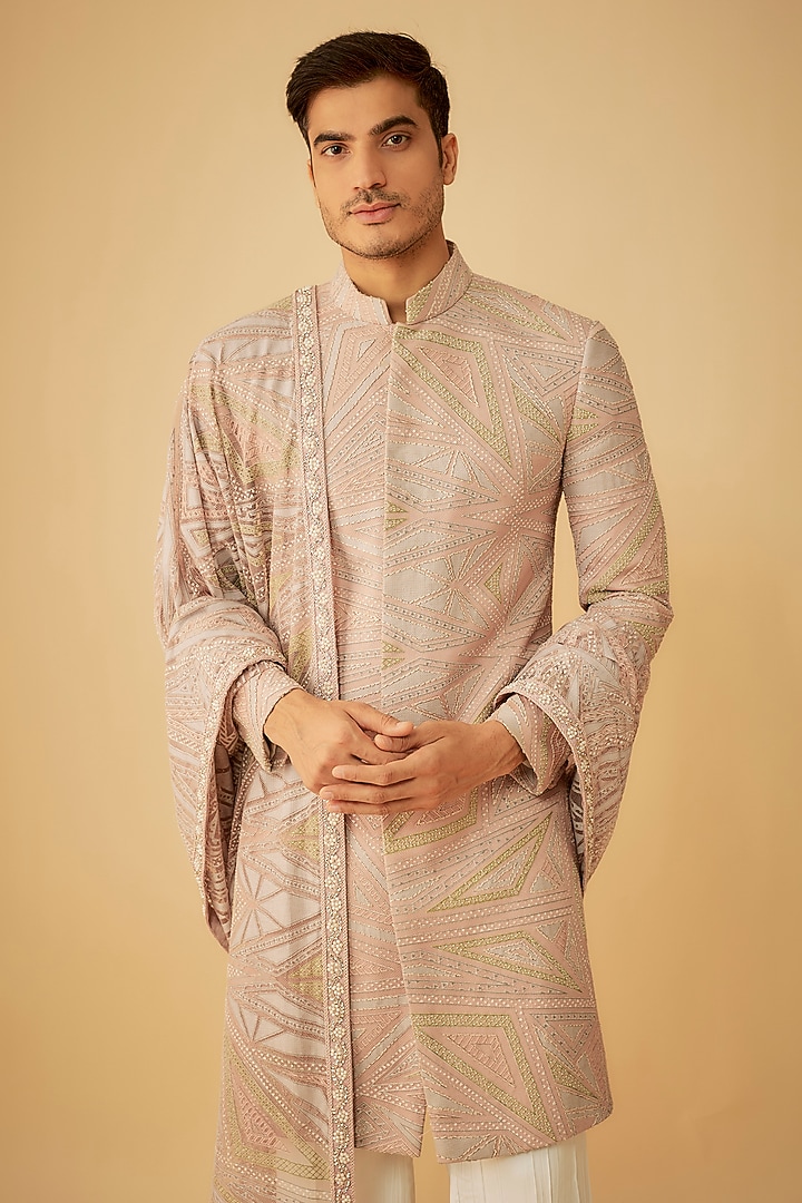 Pink Net Hand Embroidered Groom Sherwani Set by Prima Czar at Pernia's Pop Up Shop