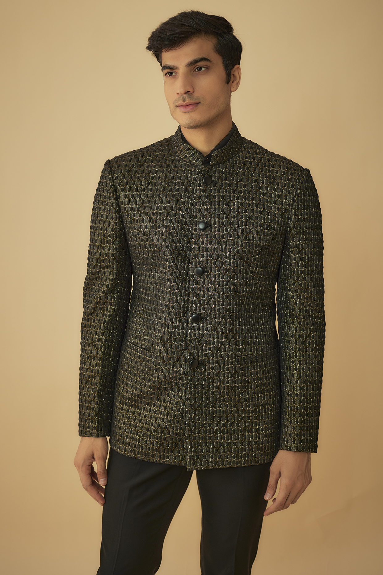 Black Jacquard Bandhgala by Prima Czar