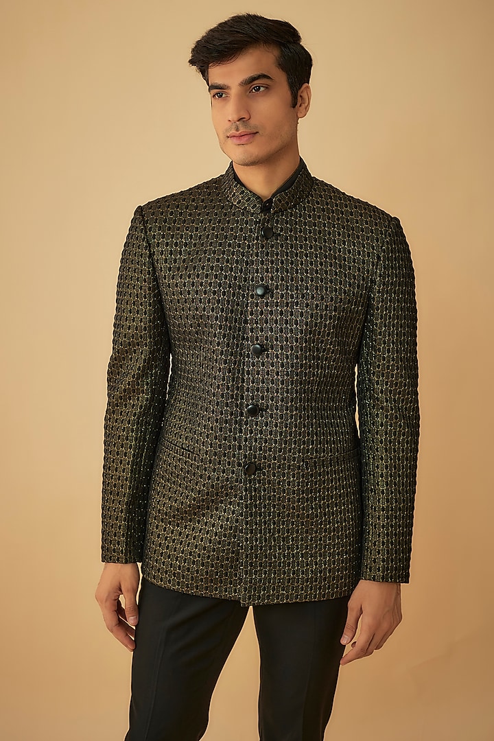 Black Jacquard Bandhgala by Prima Czar