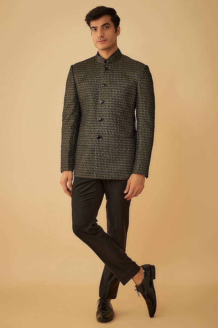 Black Jacquard Wedding Bandhgala by Prima Czar at Pernia's Pop Up Shop