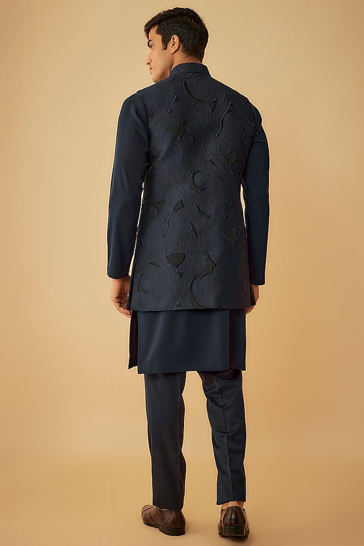 Blue Jacquard Cutwork Bundi Jacket Set by Prima Czar at Pernia's Pop Up Shop