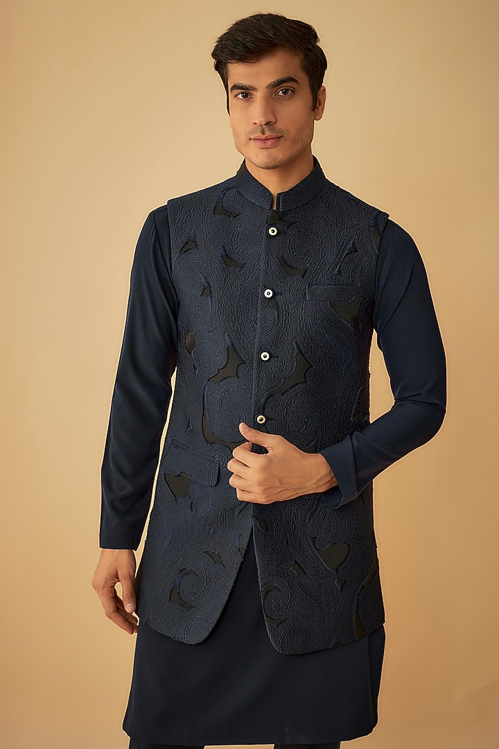 Blue Jacquard Cutwork Bundi Jacket Set by Prima Czar at Pernia's Pop Up Shop