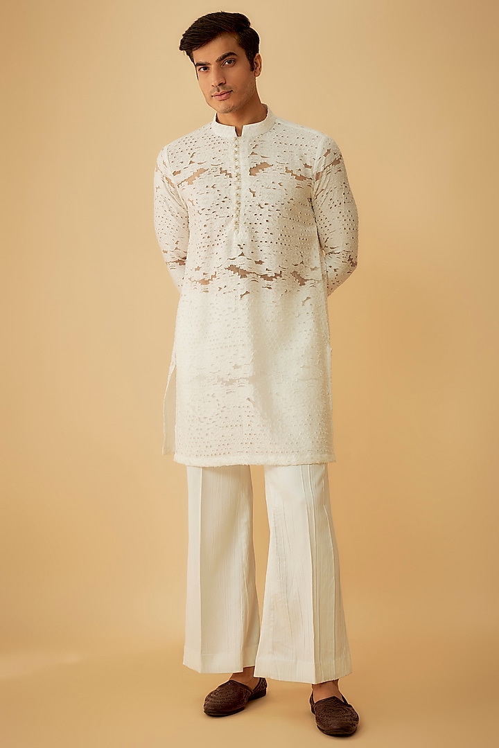 Off-White Net Wedding Indowestern Set by Prima Czar at Pernia's Pop Up Shop