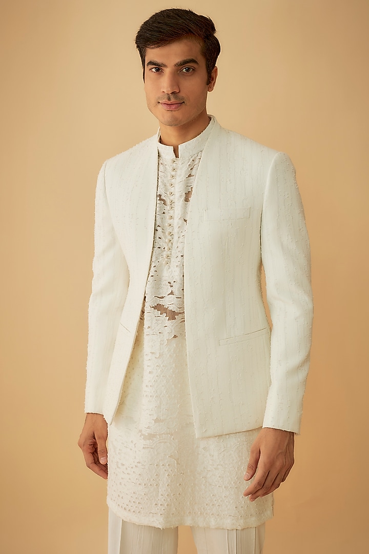 Off-White Net Wedding Indowestern Set by Prima Czar at Pernia's Pop Up Shop