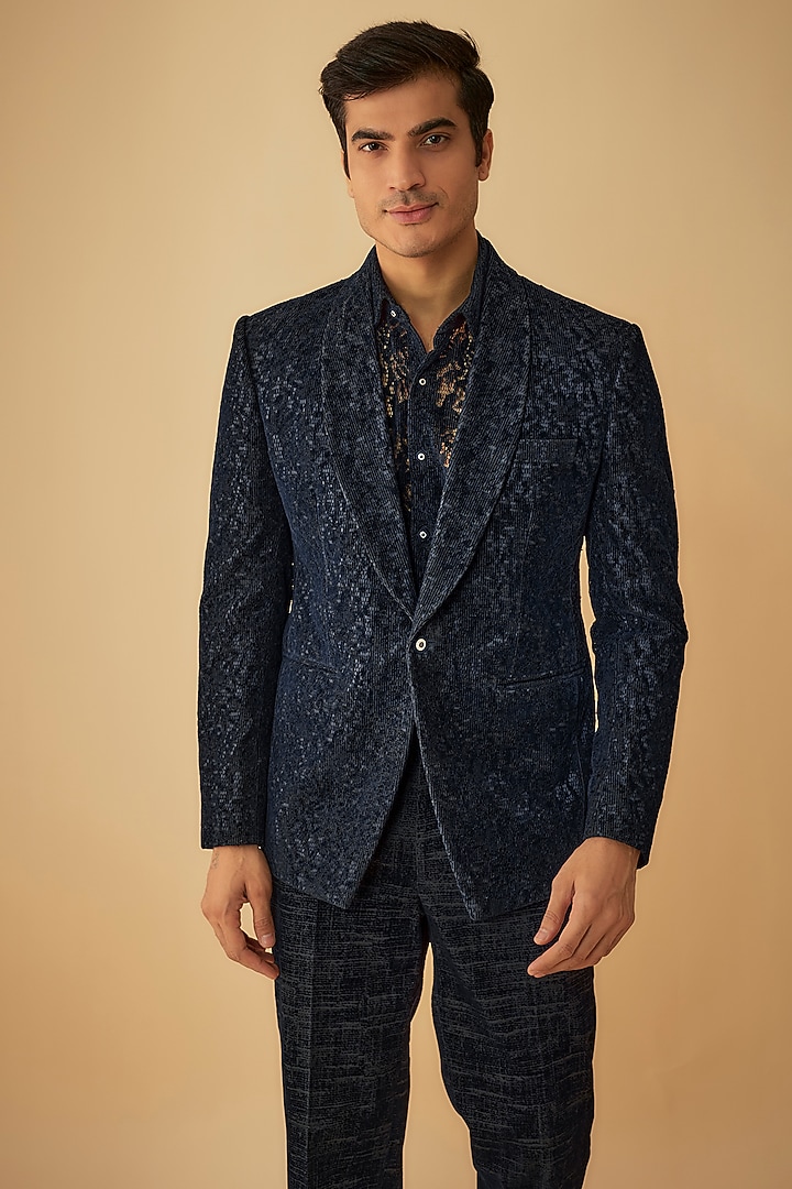 Blue Jacquard Tuxedo Set by Prima Czar at Pernia's Pop Up Shop