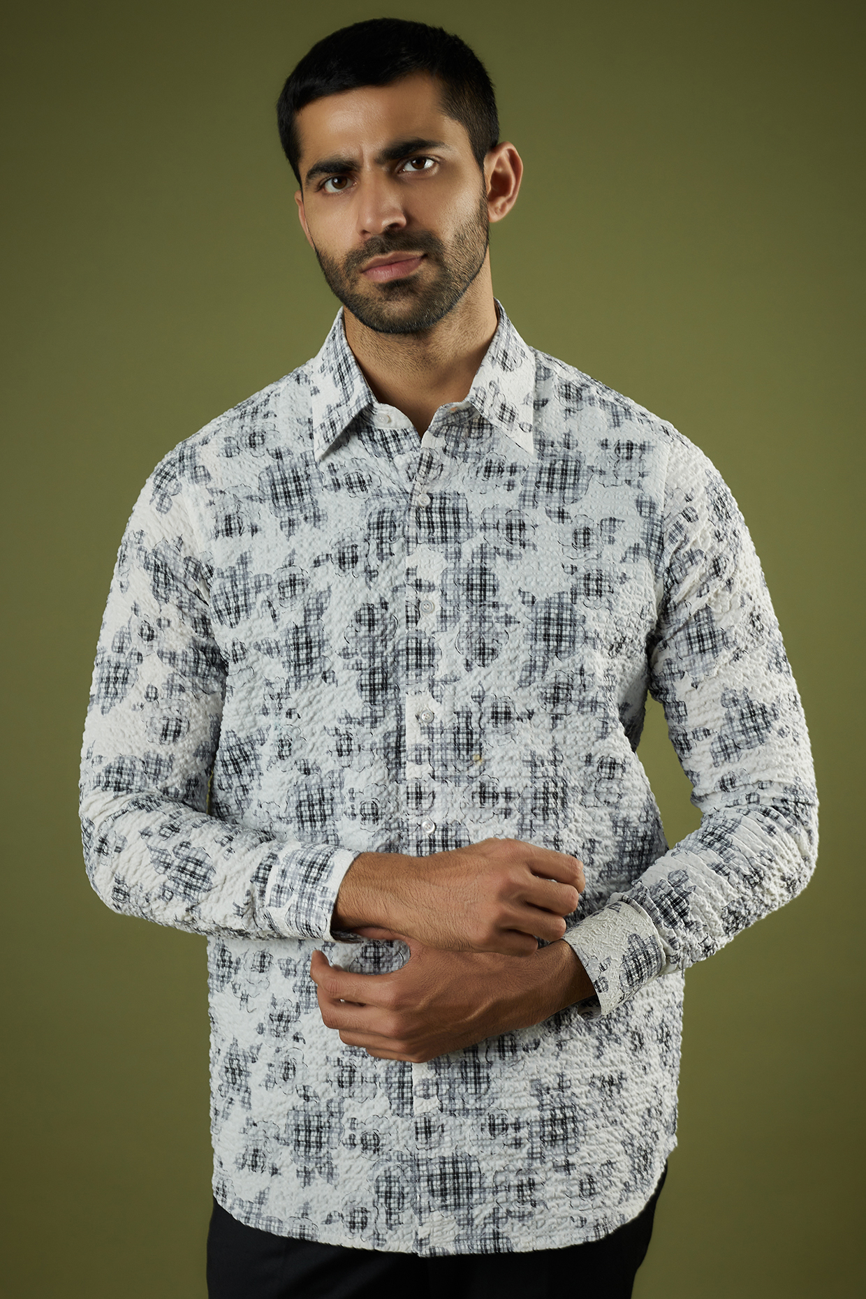 White Seersucker Printed Shirt by Prima Czar