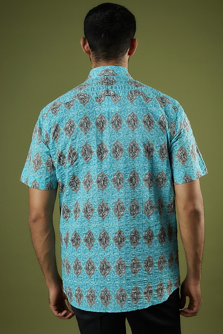 Blue Seersucker Party Wear Shirt by Prima Czar at Pernia's Pop Up Shop