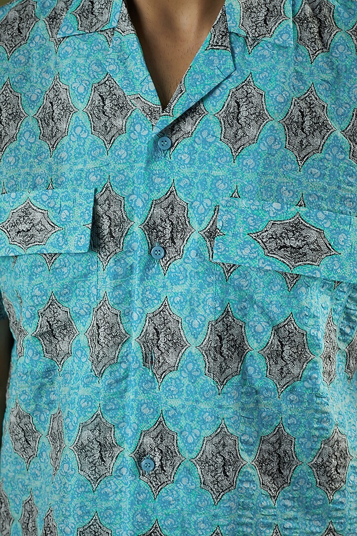 Blue Seersucker Party Wear Shirt by Prima Czar at Pernia's Pop Up Shop