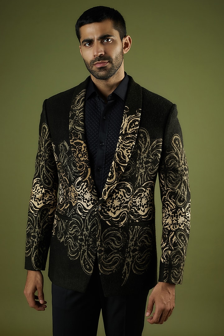 Black Knit Printed Tuxedo by Prima Czar at Pernia's Pop Up Shop