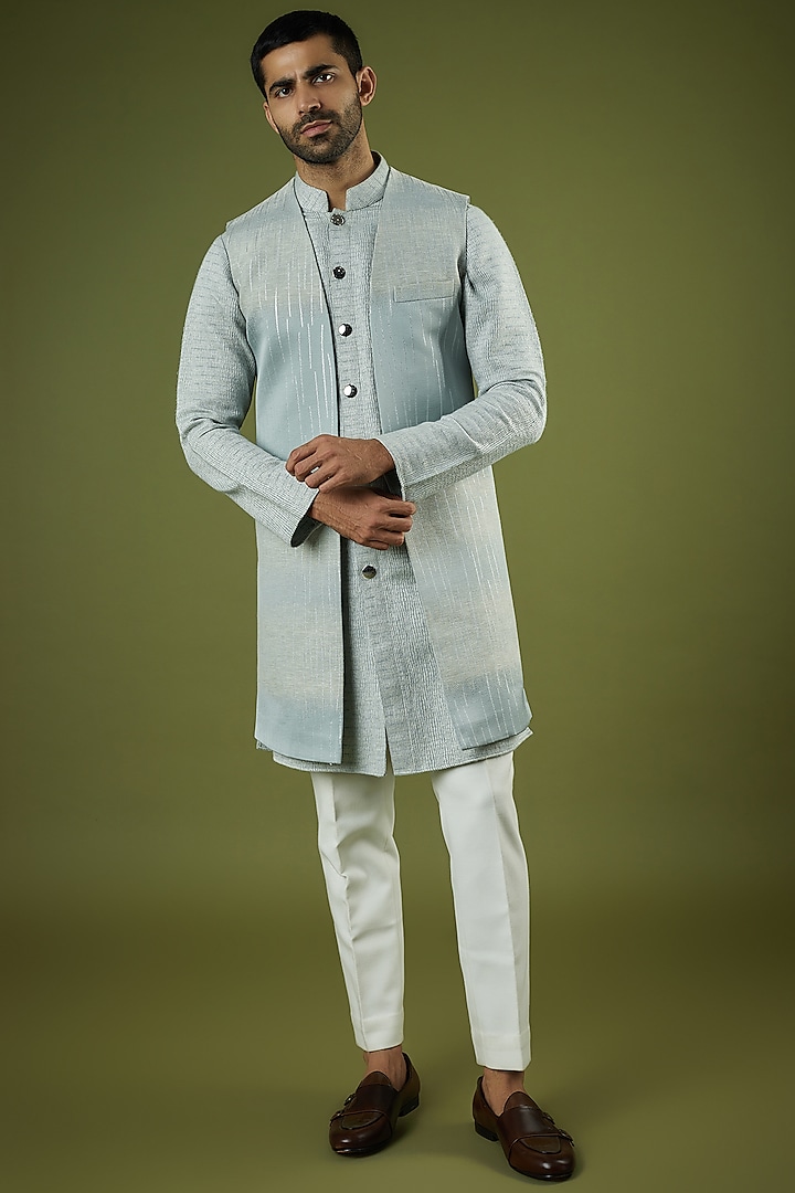 Light Blue Jacquard Indo-Western Jacket by Prima Czar