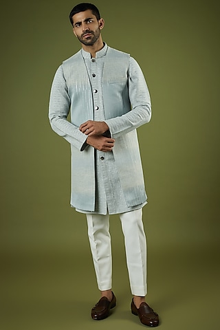 Light Blue Jacquard Indo-Western Jacket by Prima Czar