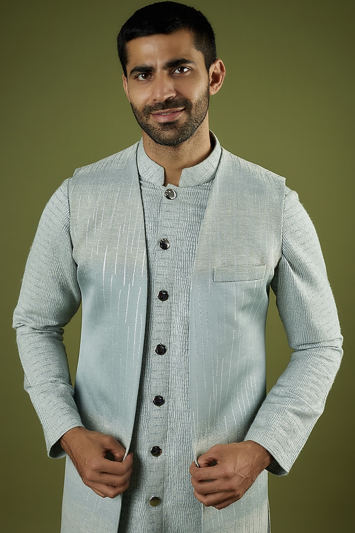Light Blue Jacquard Indo-Western Jacket by Prima Czar at Pernia's Pop Up Shop